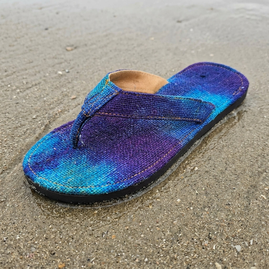 Blue Dye Hemp Flip Flops – Plastic-Free Vegan Summer Sandals Handmade Organic Hemp Slippers sandal on a sandy surface
