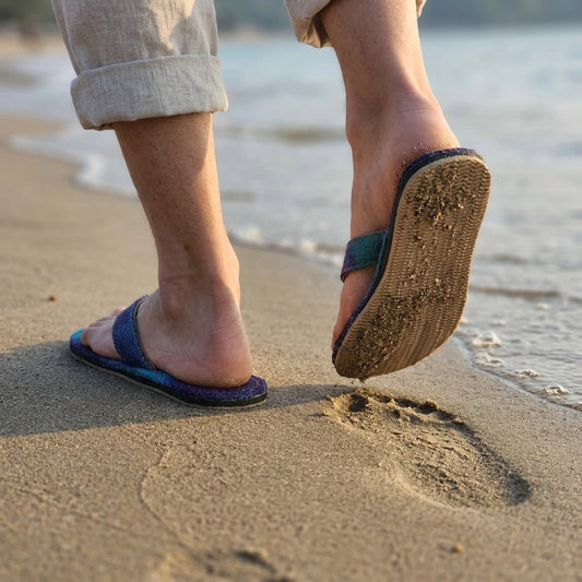 Person wearing Blue Dye Hemp Flip Flops – Plastic-Free Vegan Summer Sandals Handmade Organic Hemp Slippers walking on a sandy beach with a blurred background