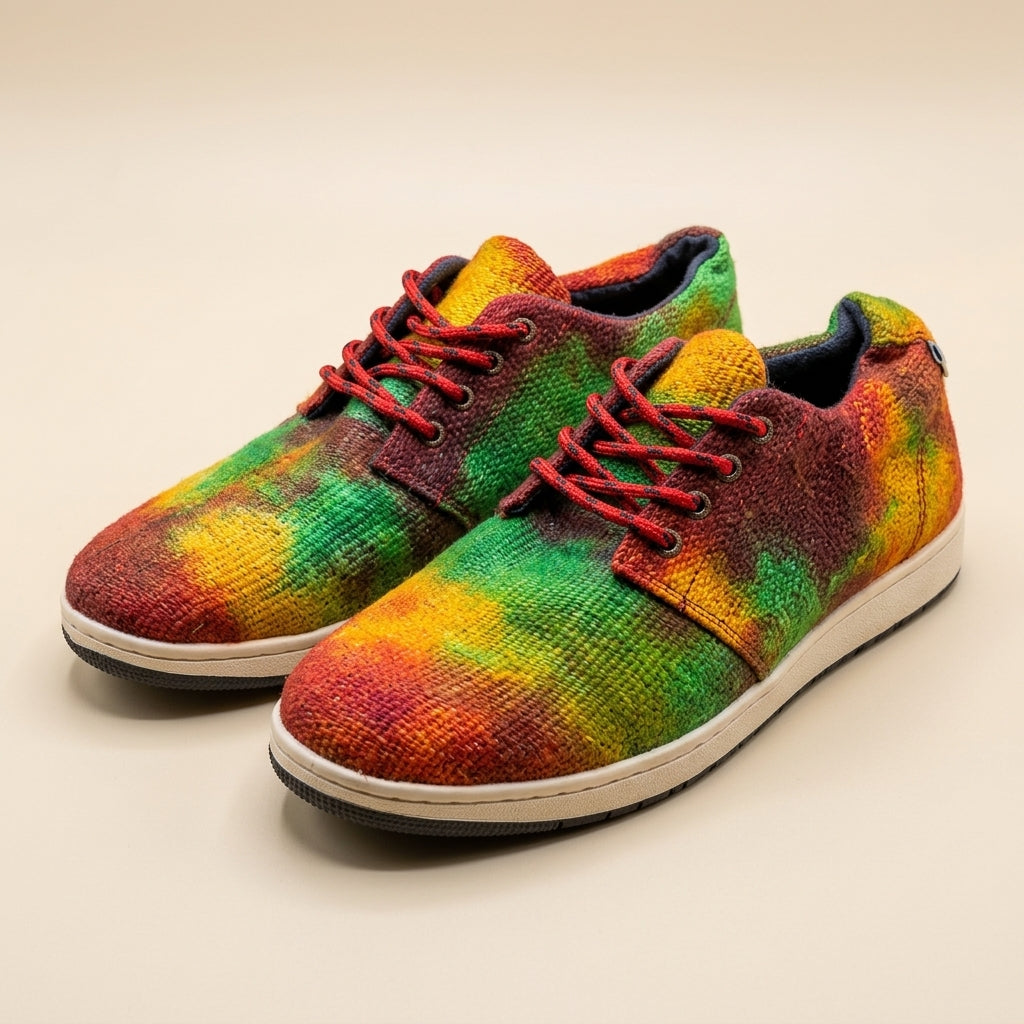 Colorful tie-dye sneakers with red laces on a beige background