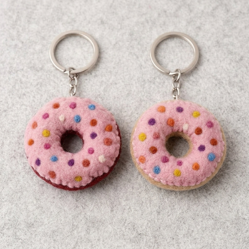 Two Felt Donut Keychain – Pink Sprinkle Wool Key Ring, Handmade in Nepal on a gray surface