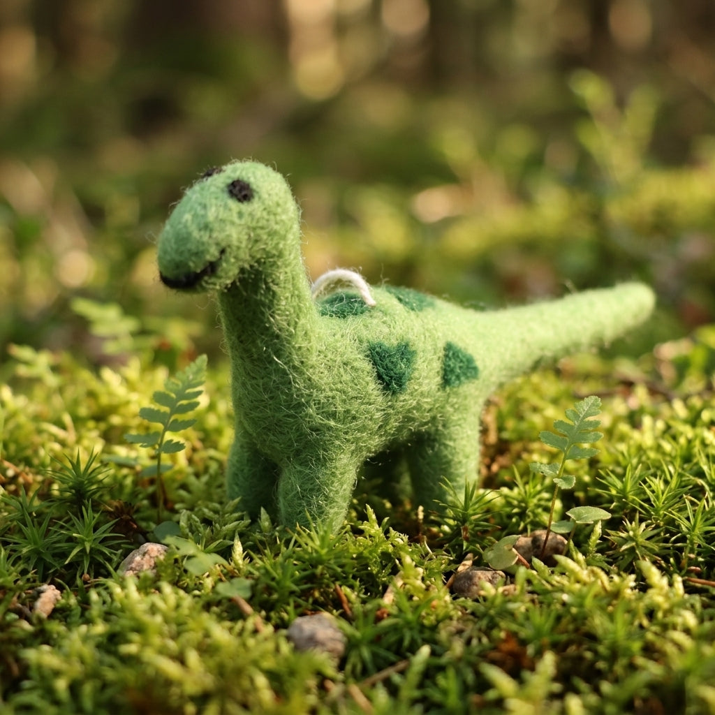 Green wool felt dinosaur hanging decoration on a bed of moss with a blurred natural background