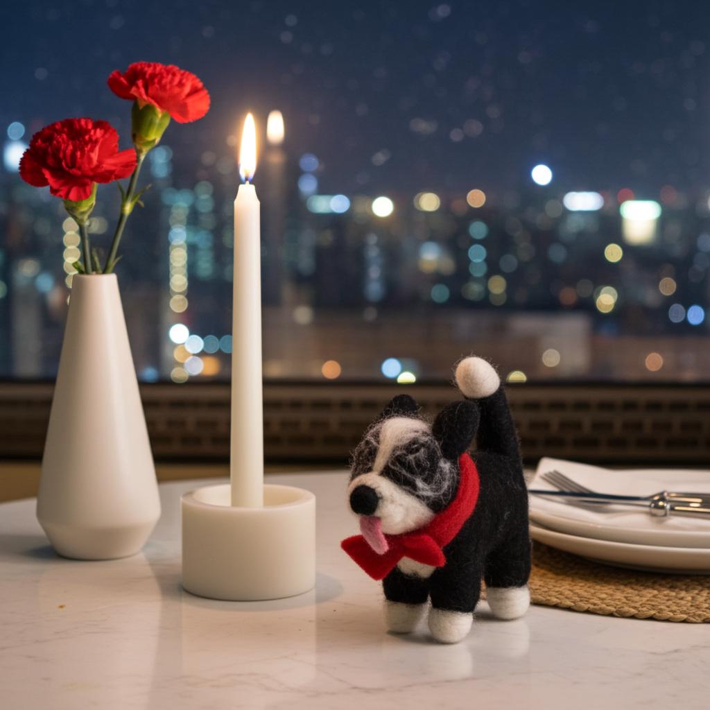 Handmade wool felt Border Collie dog ornament with black and white markings on a table with a candle and flowers, cityscape in the background.