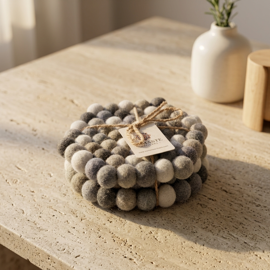 Handmade Wool Felt Ball Coasters – Neutral Grey & Sage (10 cm)