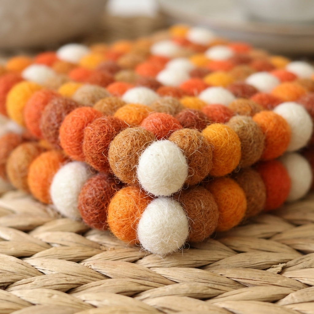 Stack of felted balls in orange, brown, and white on a woven surface