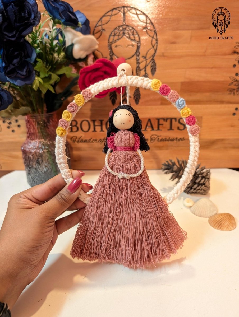 Boho Macrame Doll Dreamcatcher: Handmade Cotton, Wooden Beads Cotton