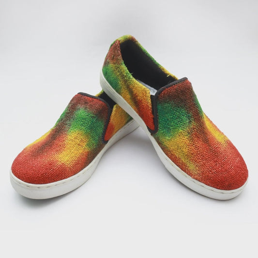 Eco - Friendly Tie Dye Rasta Hemp Slip - On Sneakers | Handmade Vegan Unisex Festival Shoes Bright_Hues_Footwear