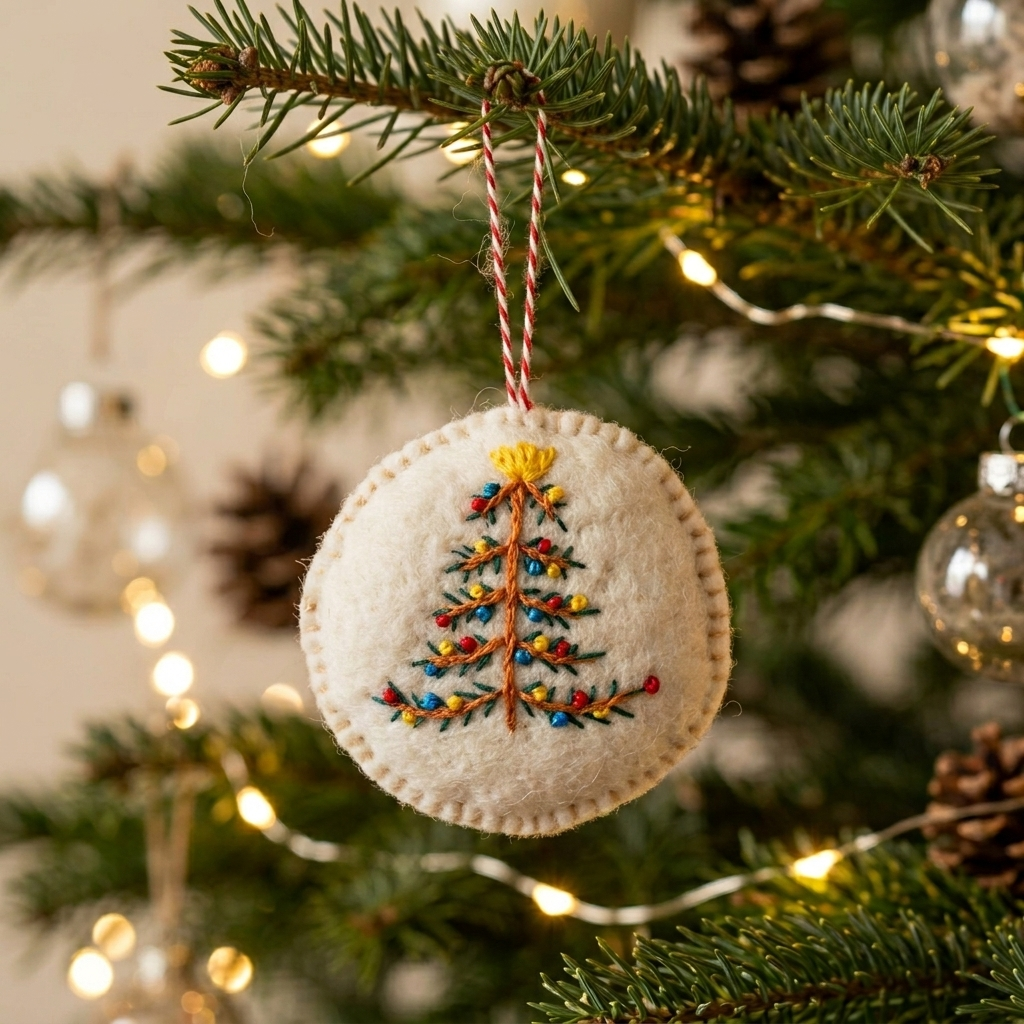 Embroidered Christmas Tree Wool Felt Ornament – Handmade & Shatterproof