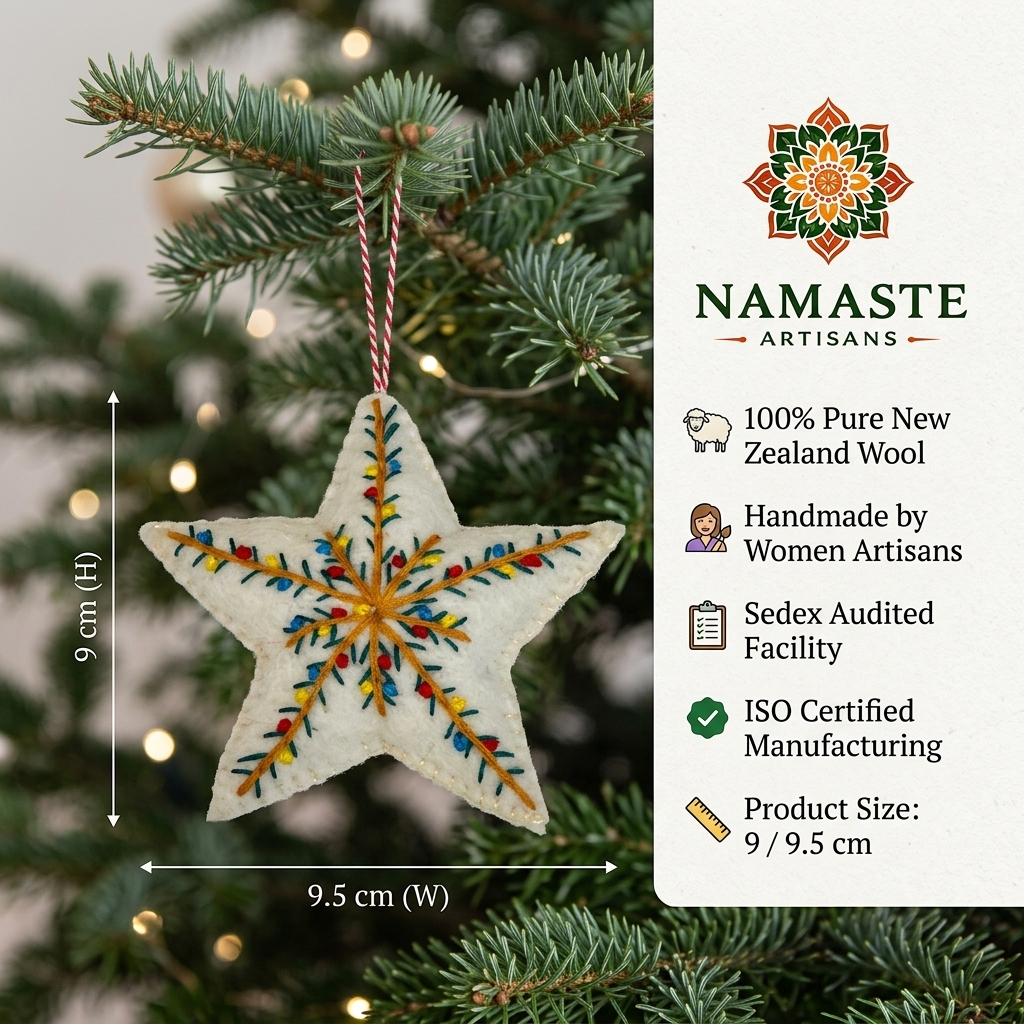 Embroidered Star Wool Felt Christmas Ornament – Handmade & Shatterproof