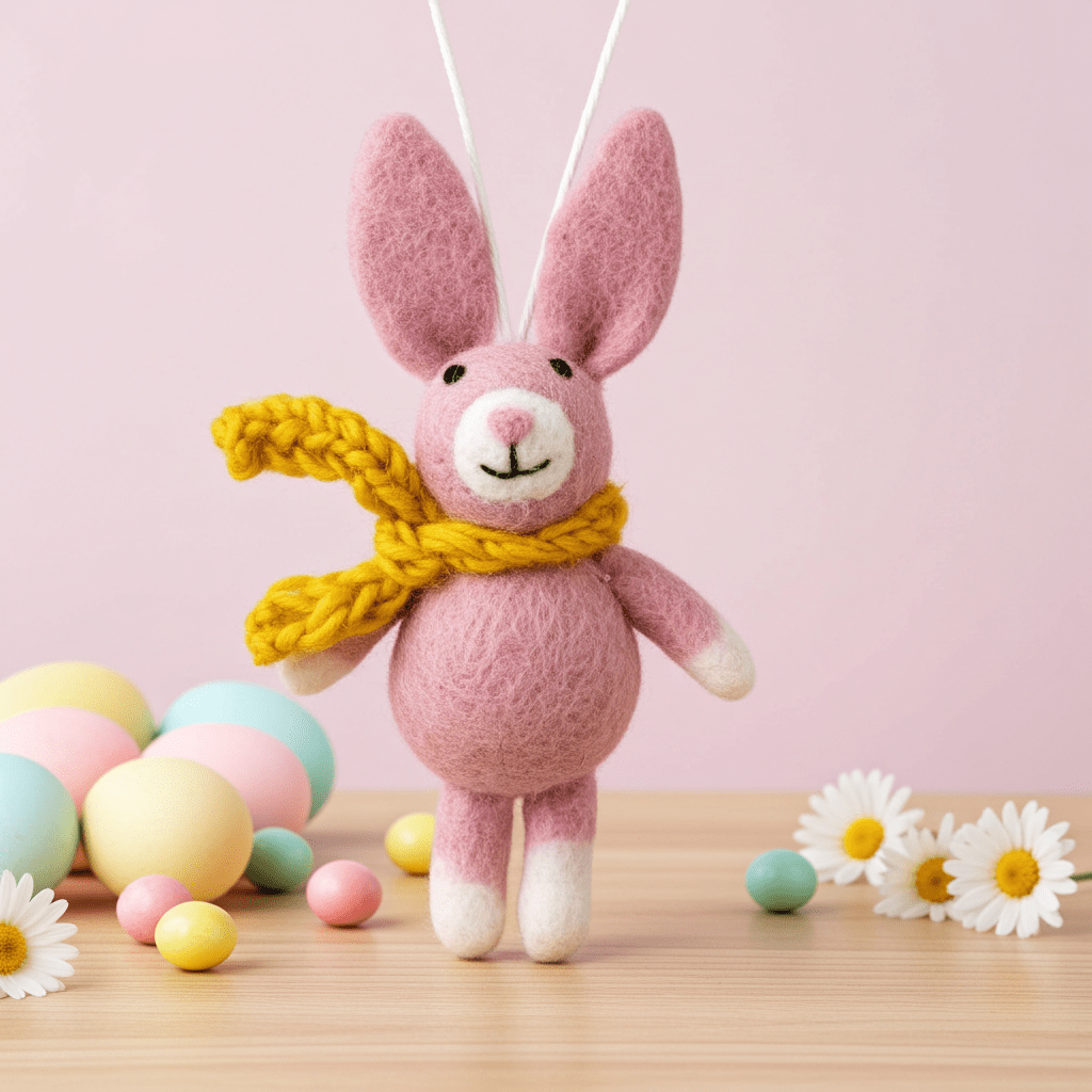 Hand - Stitched Wool Felt Bunny Ornament (White with Pink Ears)namaste artisans