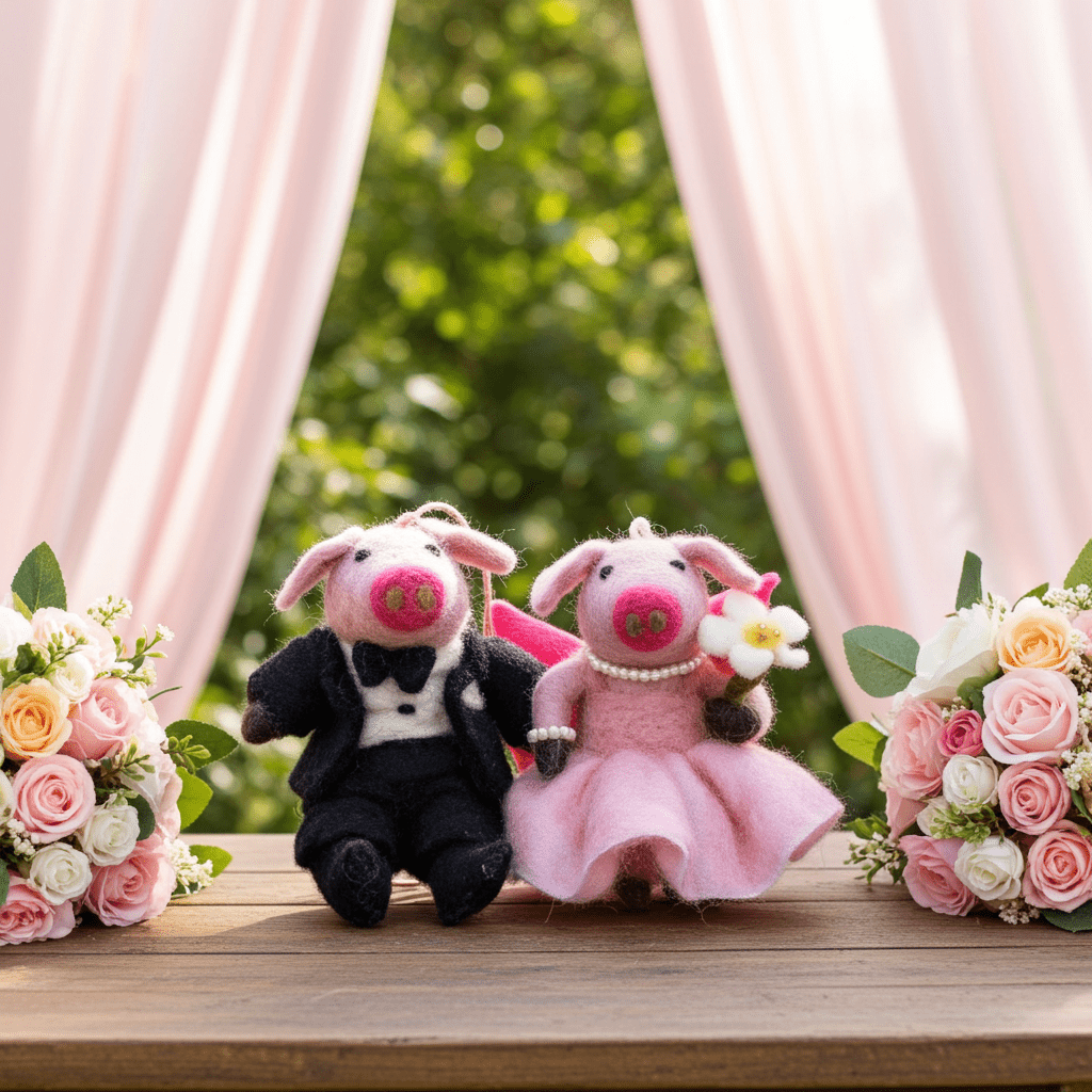 Hand - Stitched Wool Felt Pig Couple Ornaments (Bride & Groom Set)namaste artisans