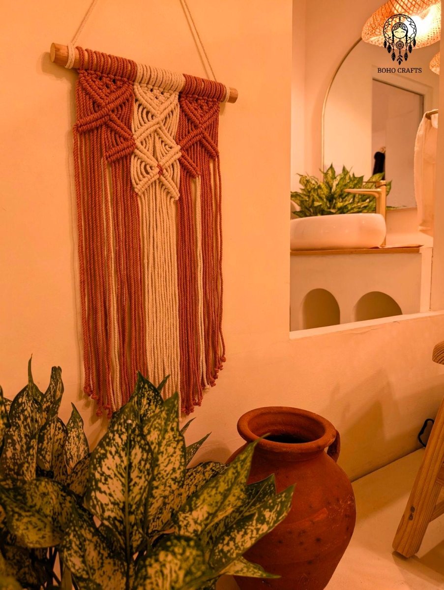Handmade Macrame Wall Hanging: Terracotta & Cream Boho Decor Cotton