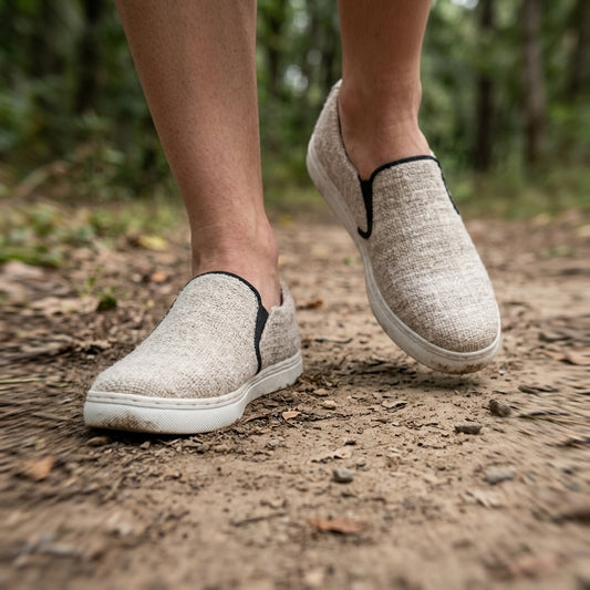 person walking in forest with natural pure hemp vegan shoes with bio degradable rubber sole