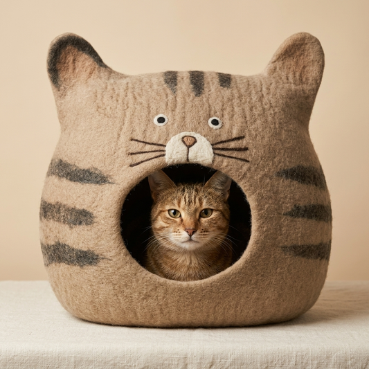 Namaste Artisans Handgemachte Katzenhöhle aus Filz – Design: Tan-getigerte Katze