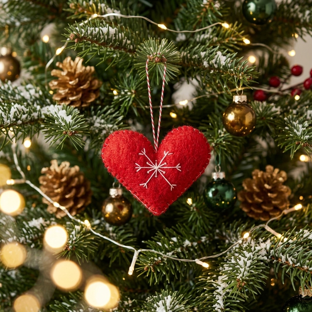 Red Heart with White Snowflake Wool Felt Ornament – Handmade & Shatterproof