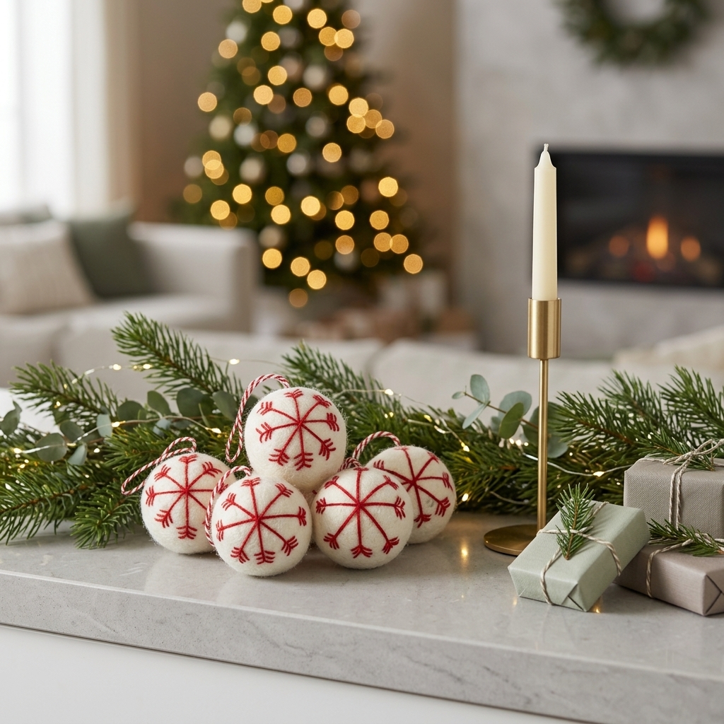 Five handmade cream-white wool felt Christmas baubles with red embroidered snowflakes, arranged on a marble mantel with pine garlands, wrapped gifts and a gold candlestick.