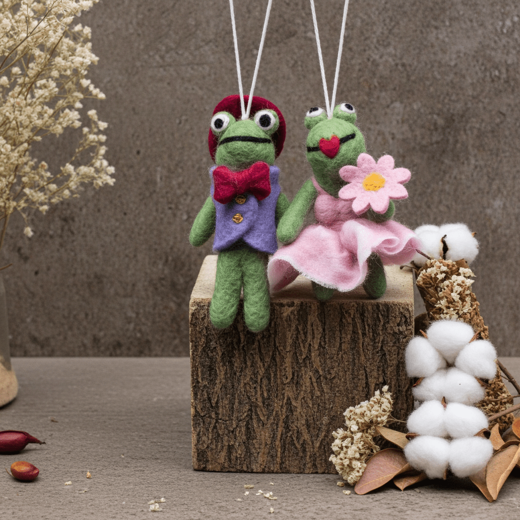 Wool Felt Frog Couple (Bride & Groom) Christmas Ornament – Handmade in Nepal (Single/Pair/Set of 5)namaste artisans