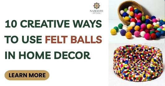 Colourful handmade wool felt balls from Nepal arranged in creative home decor styling ideas