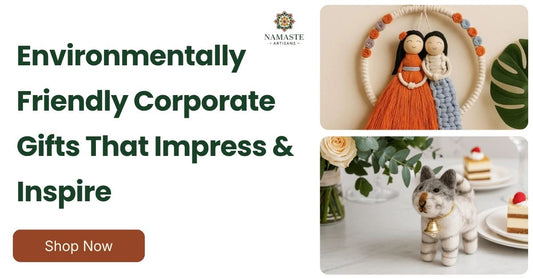 Environmentally friendly corporate gift hamper featuring handmade wool felt and hemp products from Nepal — fair trade and sustainable