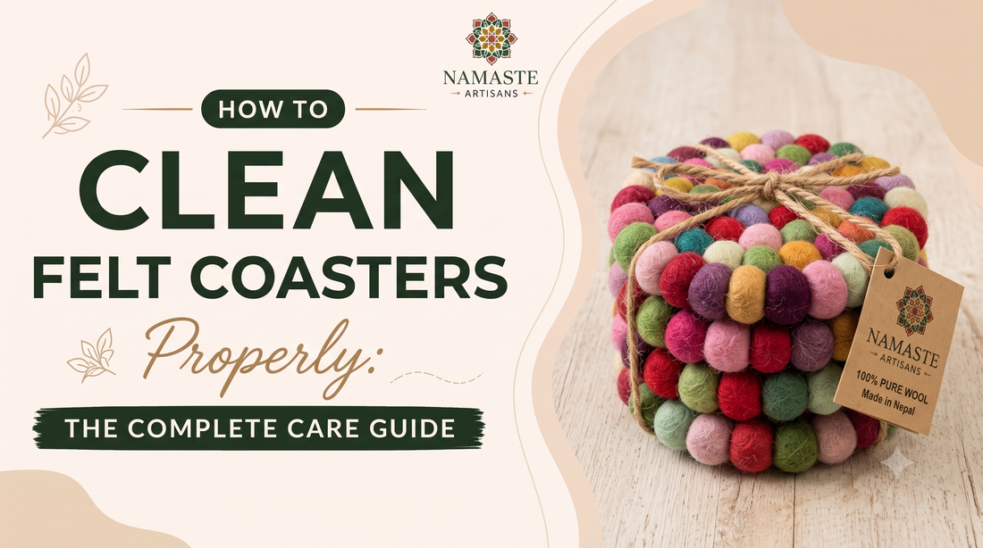 Wool felt coasters and trivets handmade in Nepal — natural, sustainable table protection
