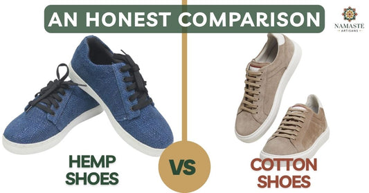 Side-by-side comparison of handmade hemp shoes and cotton shoes — sustainable, breathable footwear from Nepal artisans