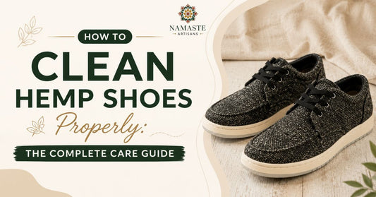 Step-by-step care guide for cleaning handmade hemp shoes from Nepal — gentle hand washing to preserve natural fibres