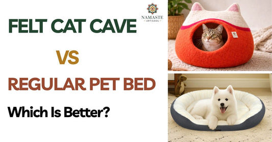 Handmade wool felt cat cave from Nepal next to a regular pet bed — comparing comfort, sustainability and durability