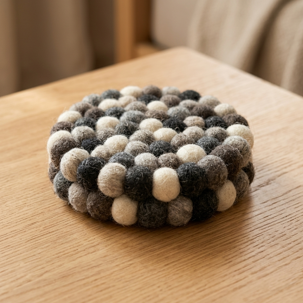 Handmade Wool Felt Ball Coasters Set of 4 | Charcoal, Grey & Cream | Multi-Shape Mug Mats