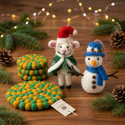 Green & Mustard Wool Felt 4-Piece Holiday Gift Box: Home & Tree Decor