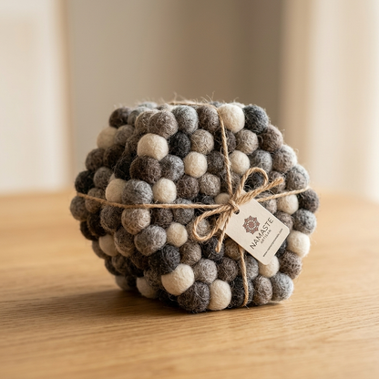 Handmade Wool Felt Ball Coasters Set of 4 | Charcoal, Grey & Cream | Multi-Shape Mug Mats