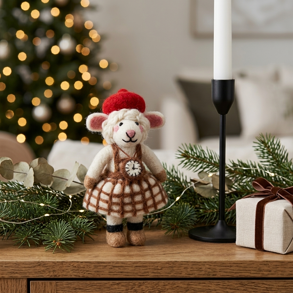 A plush felt Parisian Timekeeper Sheep ornament dressed in a red beret, brown plaid apron and matching skirt, displayed with holiday greenery, a candle and wrapped gift in a softly lit living room.