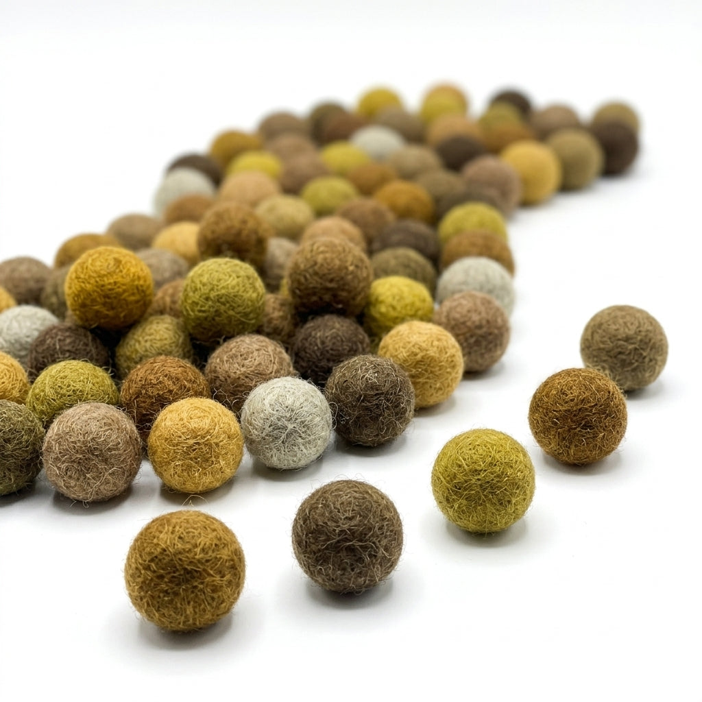 Assorted brown and green felt balls on a white background
