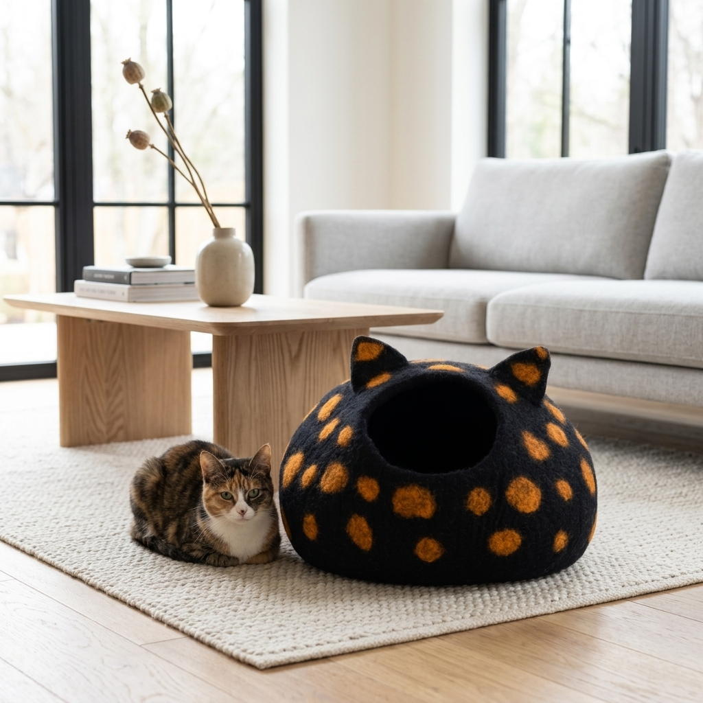 Namaste Artisans Handmade Wool Felt Cat Cave - Black & Orange Spotted