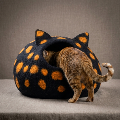 Namaste Artisans Handmade Wool Felt Cat Cave - Black & Orange Spotted