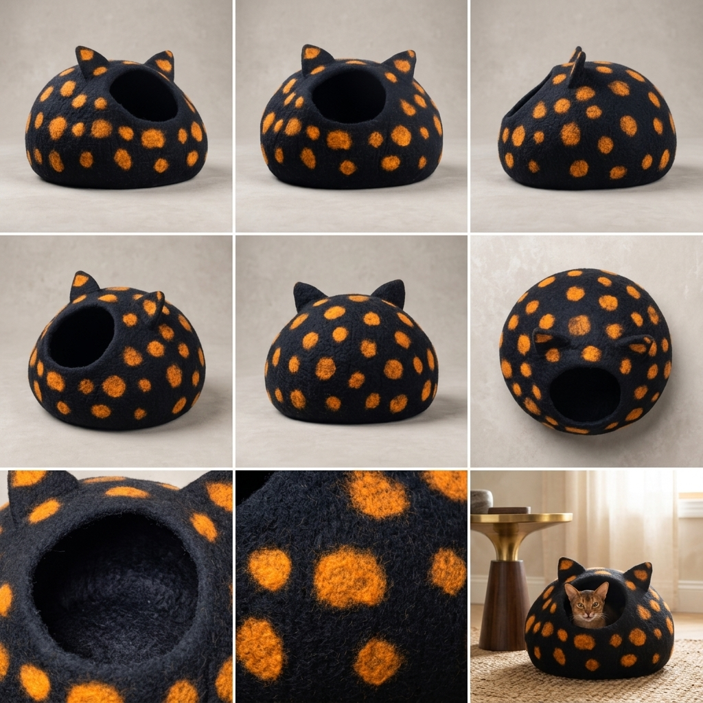 Namaste Artisans Handmade Wool Felt Cat Cave - Black & Orange Spotted