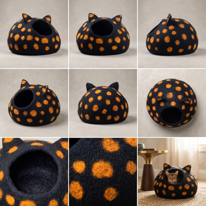 Namaste Artisans Handmade Wool Felt Cat Cave - Black & Orange Spotted