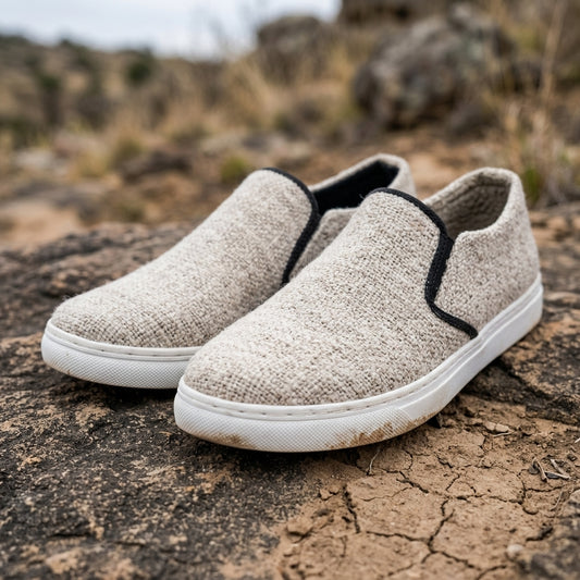 Beige pure hemp slip-on shoes with bio degradable rubber sole black accents on a rocky surface 