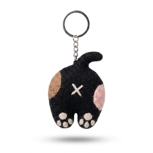 Black and tan wool felt cat back keyring on a white background