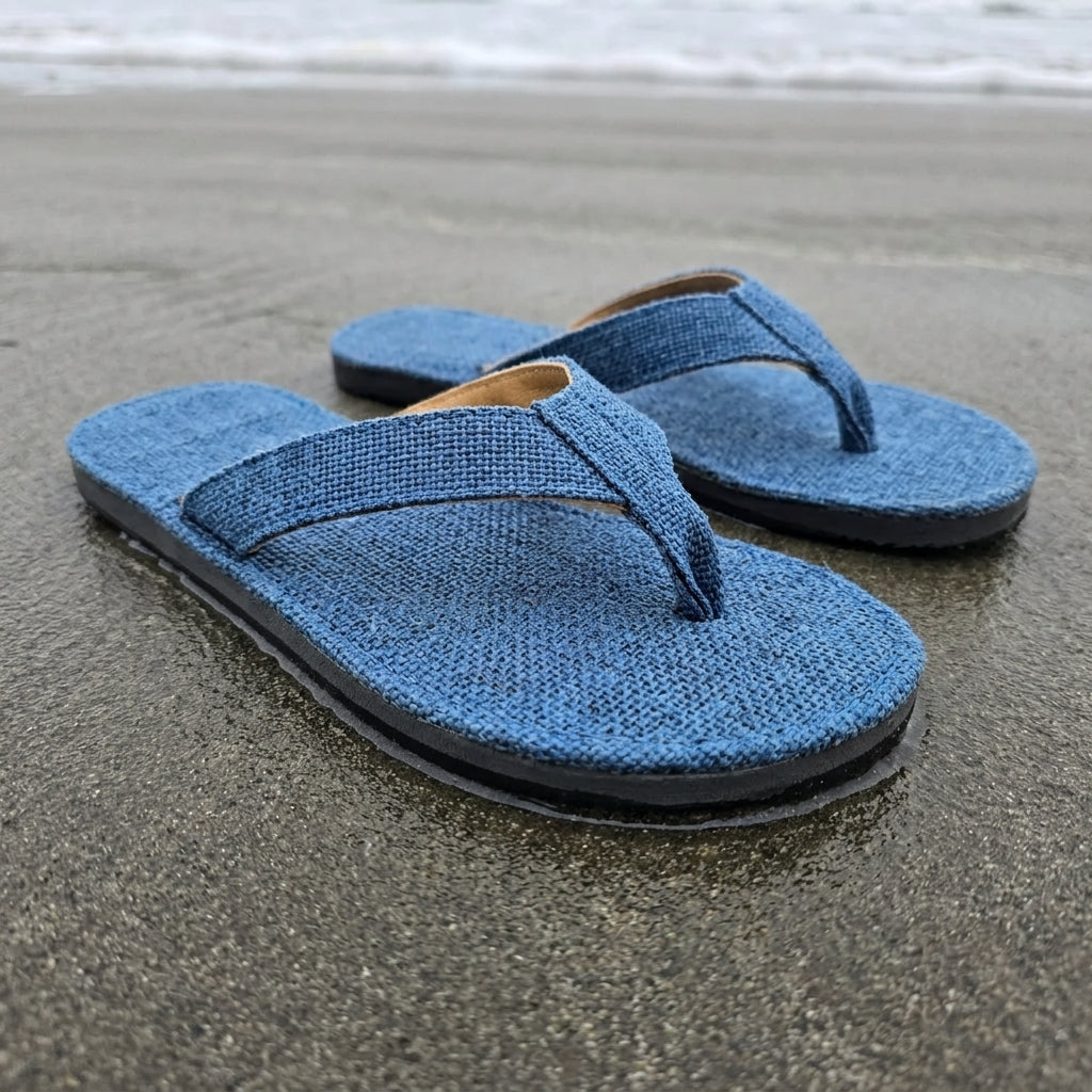 Blue Dye Hemp Flip Flops  Vegan Plastic-Free Summer Sandals  Handmade Hemp Slippers on a sandy beach