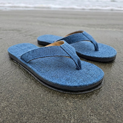 Blue Dye Hemp Flip Flops  Vegan Plastic-Free Summer Sandals  Handmade Hemp Slippers on a sandy beach