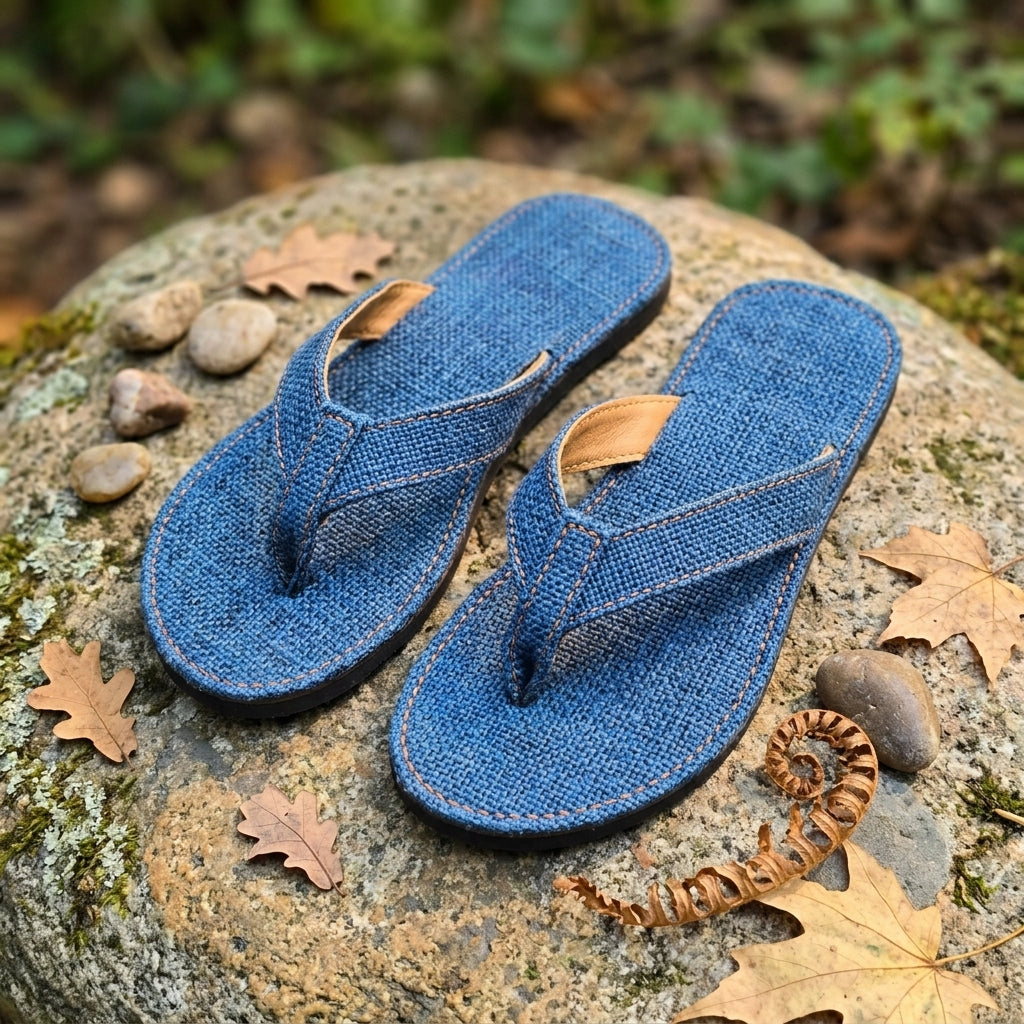 Blue Dye Hemp Flip Flops  Vegan Plastic-Free Summer Sandals  Handmade Hemp Slippers on a stone surface with leaves