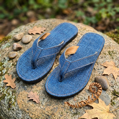 Blue Dye Hemp Flip Flops  Vegan Plastic-Free Summer Sandals  Handmade Hemp Slippers on a stone surface with leaves