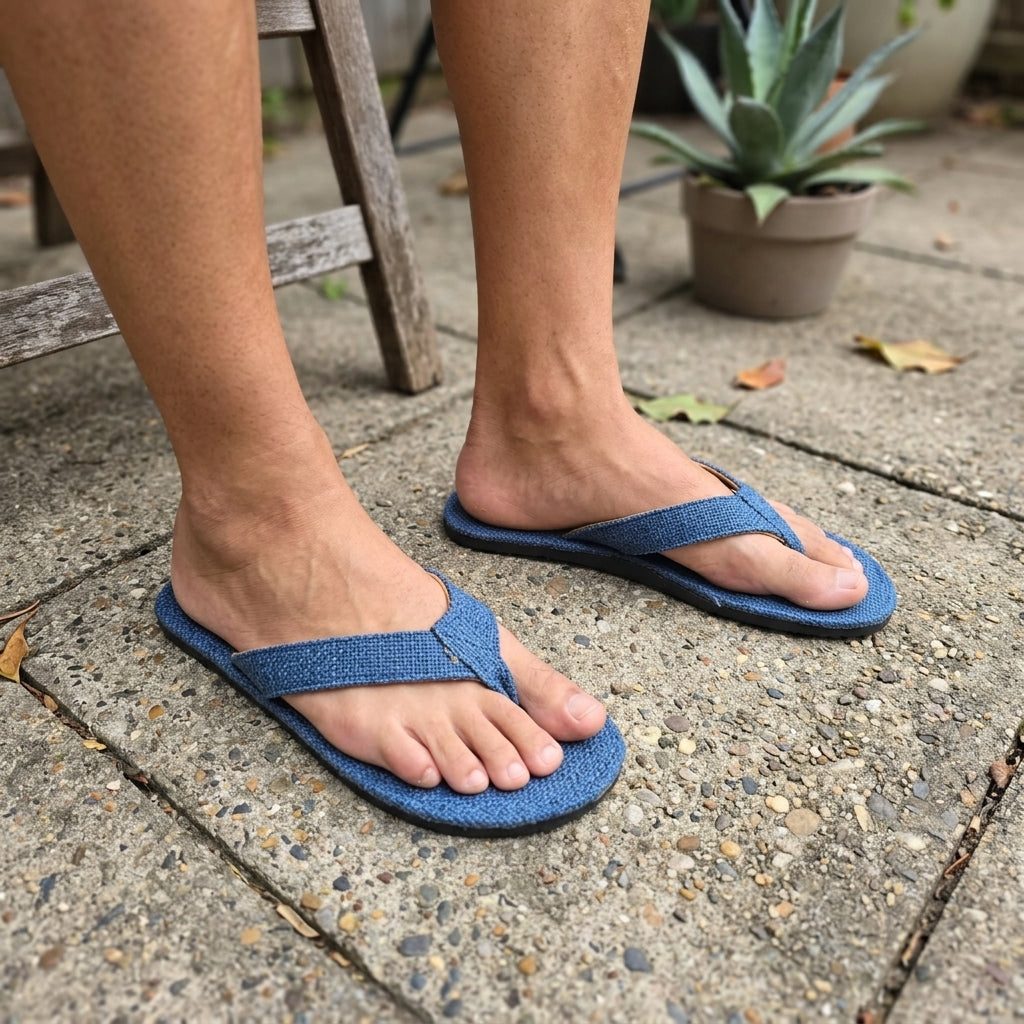 Person wearing Blue Dye Hemp Flip Flops  Vegan Plastic-Free Summer Sandals  Handmade Hemp Slippers on a concrete surface with a plant in the background