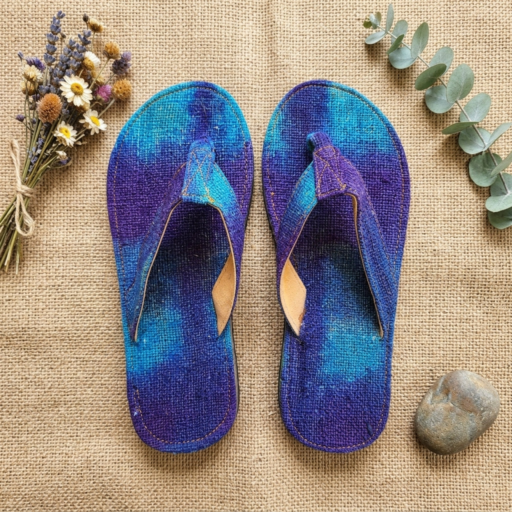Pair of Blue Dye Hemp Flip Flops – Plastic-Free Vegan Summer Sandals  Handmade Organic Hemp Slippers on a textured surface with flowers and a rock.