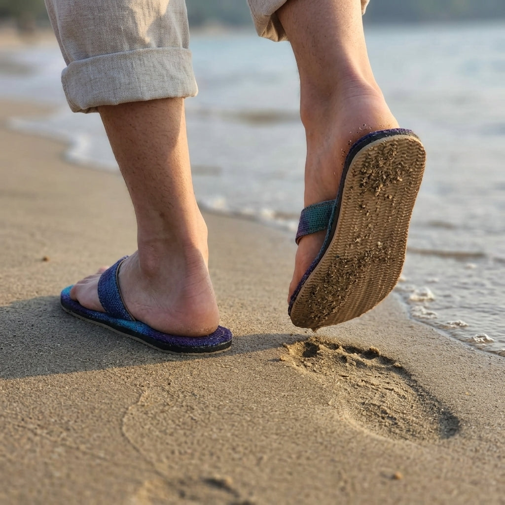 Person wearing Blue Dye Hemp Flip Flops – Plastic-Free Vegan Summer Sandals  Handmade Organic Hemp Slippers walking on a sandy beach with a blurred background