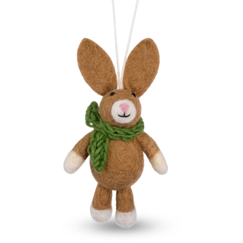 Brown bunny wool felt ornament with green scarf on a white background