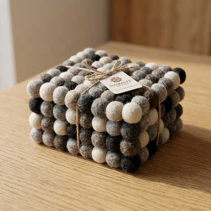 Handmade Wool Felt Ball Coasters Set of 4 | Charcoal, Grey & Cream | Multi-Shape Mug Mats