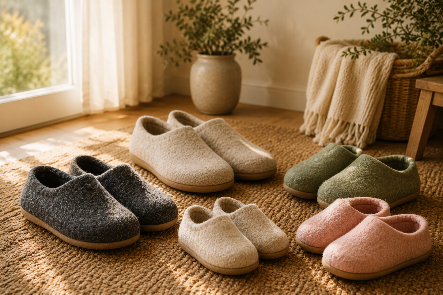 Cozy home setting with handmade wool felt slippers beside a coffee mug and book