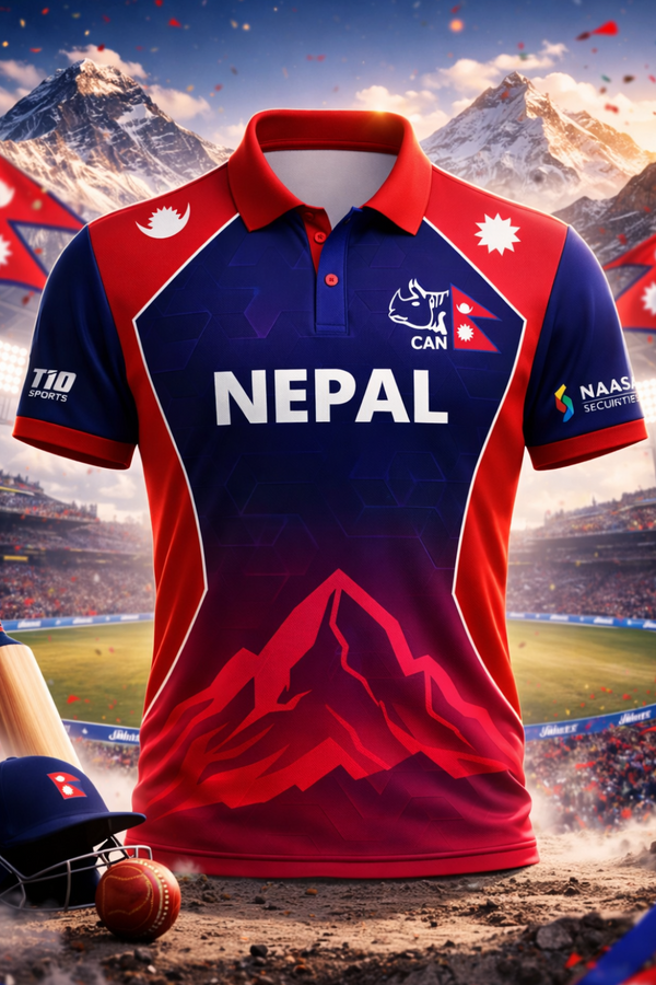 Nepal cricket jersey with mountain design on a sports field background