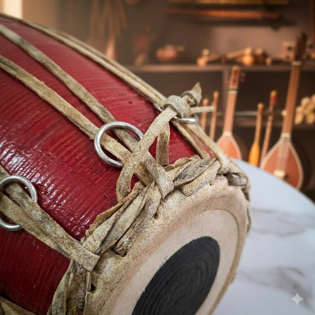 Close-up of madal nepali musical instrument with intricate design, 