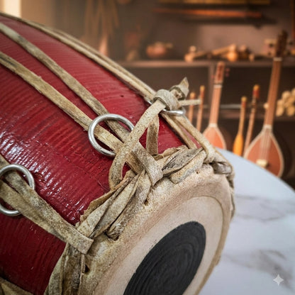Close-up of madal nepali musical instrument with intricate design, 